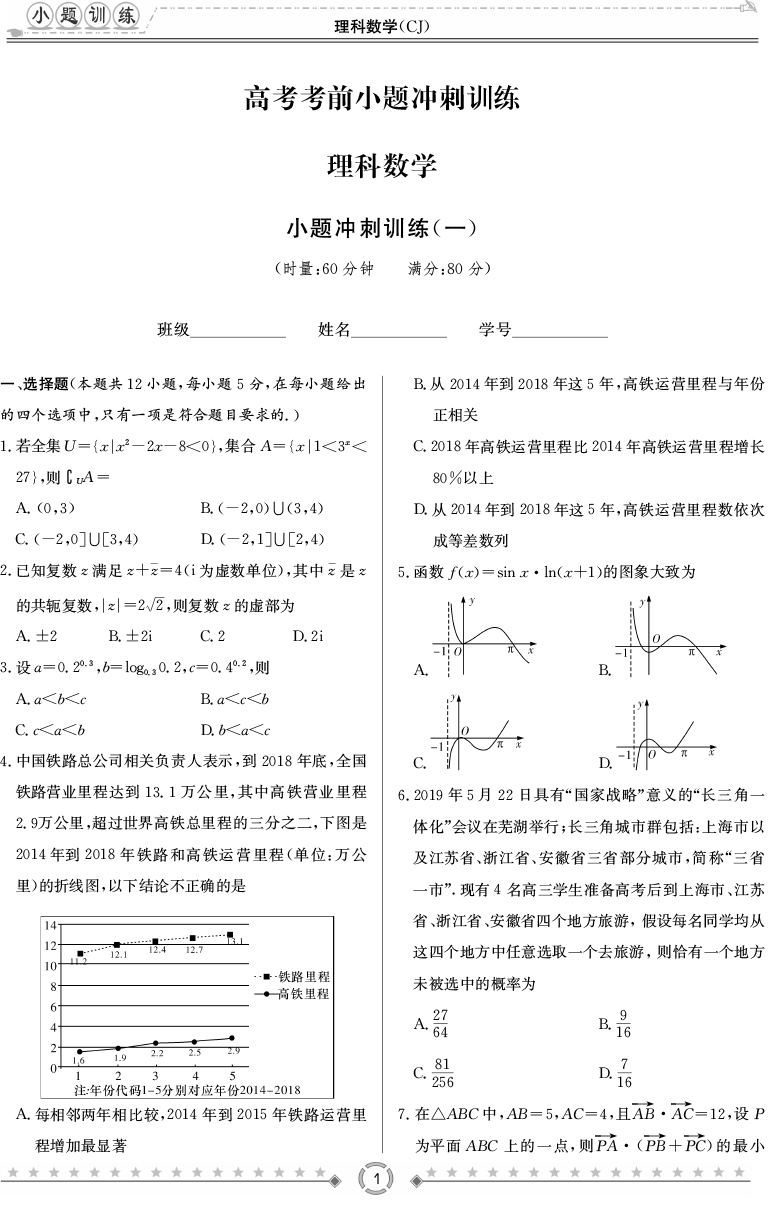 [理數(shù)]師大附中、長(zhǎng)沙一中2020高考考前小題訓(xùn)練